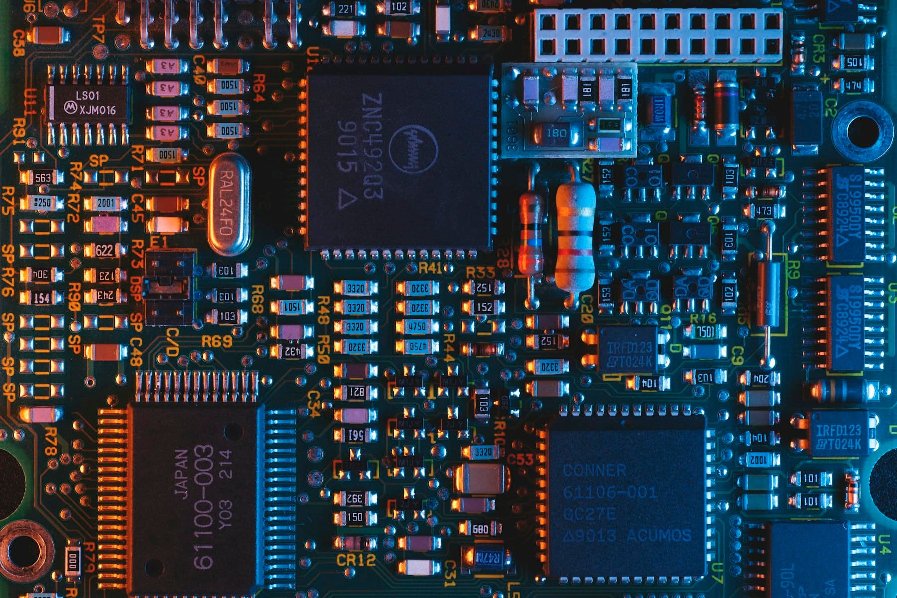 Close-up of a populated electronic circuit board